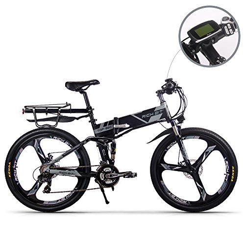 Vélo de montagne électrique pliant : RICH BIT Vlo lectrique 250 W Moteur 36 V * 12, 8 Ah Batterie au Lithium 40-60 km Pliante E-Bike VTT 21 Vitesses Shimano Frein Disque Gris