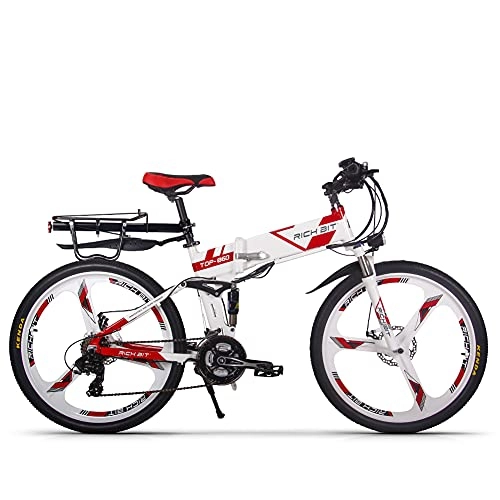 Vélo de montagne électrique pliant : RICH BIT Vélo de Montagne 250W Brushless Motor Sports Bike, 36V 12.8Ah Lithium Battery Electric Bike, Ebike de Frein à Disque mécanique (Rouge Blanc)