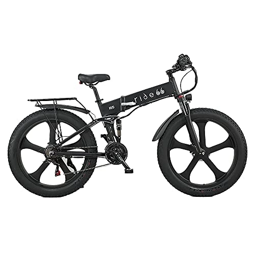 Vélo de montagne électrique pliant : Ride66 Vélo Électrique VTT Pliable Fat E-Bike 26 Pouces 21 Vitesses Double Batterie pour Homme Adulte (Noir)