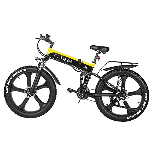 Vélo de montagne électrique pliant : Ride66 Vélo Électrique VTT Pliable Fat E-Bike 26 Pouces 21 Vitesses Double Batterie pour Homme Adulte (Noir-Jaune)