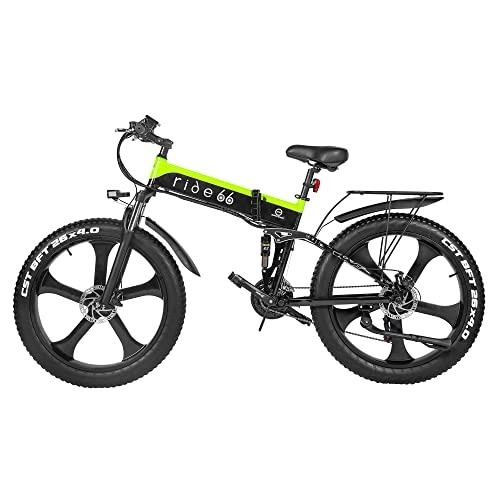 Vélo de montagne électrique pliant : Ride66 Vélo Électrique VTT Pliable Fat E-Bike 26 Pouces 21 Vitesses Double Batterie pour Homme Adulte (Noir-Vert)