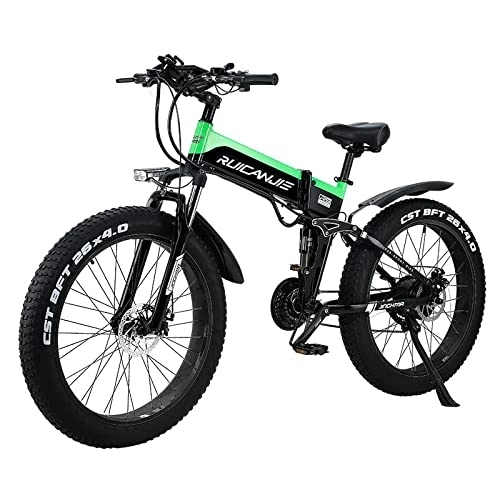 Vélo de montagne électrique pliant : ride66 Vélo électrique Pliable Fat E-Bike 26 Pouces 21 Vitesses 12.8Ah Batterie pour Homme Femme Adulte (Noir-Vert)