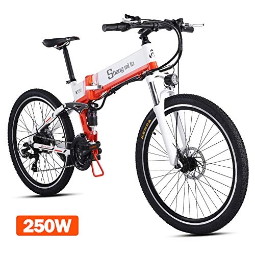 Vélo de montagne électrique pliant : shengmilo 250W Moteur Électrique Vélo Pliant Shimano 21 Vitesse 26 Pouces Montagne E-Bike 12AHLithium Batterie Inclus (Blanc)