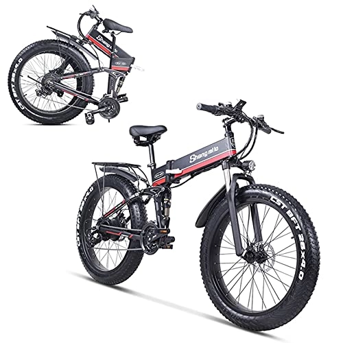 Vélo de montagne électrique pliant : SHENGMILO MX01 Adulte Pliant vélo électrique, 26 * 4.0 Fat Tire Vélo électrique avec Moteur 1000W 48V 12.8AH Batterie, Levier de Vitesses 7 / 21(Rouge, Ajouter Une Batterie de Rechange)