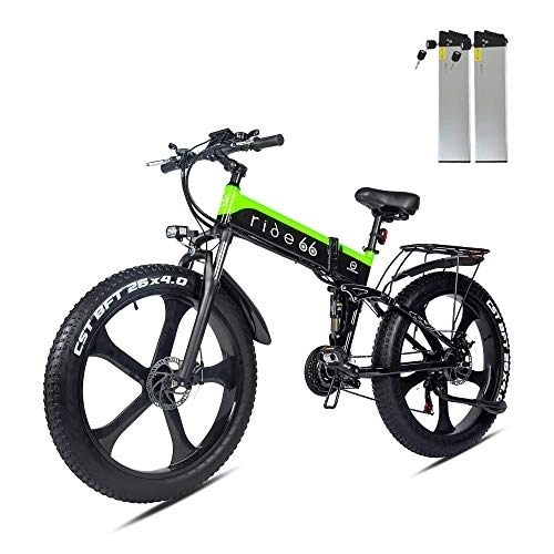 Vélo de montagne électrique pliant : Velo Electrique VTT Fat Bike 26 Pouces Pliant Double Batterie Montagne Ebike pour Homme Femme (Noir-Vert)