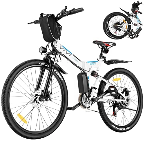 Vélo de montagne électrique pliant : VIVI 26" Vélo Électrique Pliable, VTT Électrique, 250W Vélo électrique pour Adulte avec Batterie Amovible 8Ah, Professionnel 21 Vitesses, Suspension Complète (Blanc)