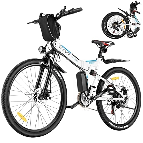 Vélo de montagne électrique pliant : VIVI Velo Electrique Pliable, 26" VTT Électrique 250W Vélo Électrique Adulte avec Batterie Amovible 288Wh, Shimano 21 Vitesses, Suspension Complète (Blanc)