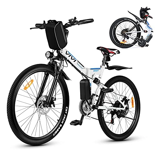 Vélo de montagne électrique pliant : Vivi Vélo électrique pour homme et femme, 26 pouces, vélo électrique VTT 350 W, 36 V 10 Ah batterie au lithium et Shimano 21 vitesses, blanc