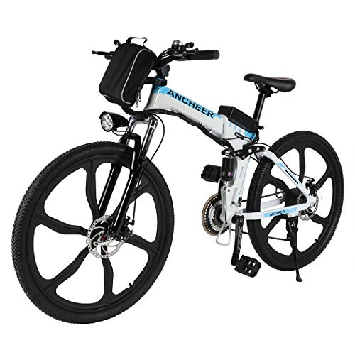 Vélo de montagne électrique pliant : Vélo de Montagne électrique ANCHEER, vélos pliants électriques pour Adultes, vélo électrique de 26 Pouces avec Batterie au Lithium 36 V 8 Ah et Vitesses Professionnelles 21. (Roues intégrées—Blanc)