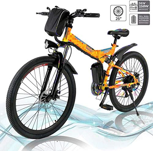 Vélo de montagne électrique pliant : Vélo électrique Pliable, vélos électriques 36V 250W, vélo de Montagne à Batterie au Lithium 8A, vélo électrique de Grande capacité de 26 Pouces avec Batterie au Lithium et Chargeur (Orange)
