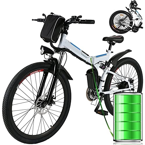 Vélo de montagne électrique pliant : Vélos électriques, 26" VTT électriques pour Adultes avec Moteur 250W, Batterie 36V, 8Ah Amovible Batterie au Lithium-ION de Grande Capacité, 21 Vitesses E Bike (Blanc)