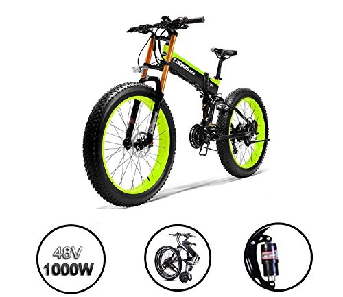 Vélo de montagne électrique pliant : XTD Mise à Jour Pliable Fat Tire électrique Bike- 14.5AH / 48V Batterie Au Lithium VTT Dirtbike 27 Vitesses Vélo électrique 1000W E-Bike 26 Pouces Sport VTT Green-Fukujo Wheel