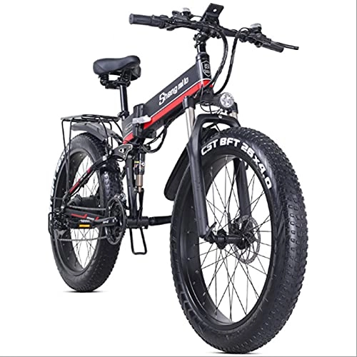 Vélo de montagne électrique pliant : YGRQQR Vélo Électrique Pliant pour Adultes, Vélo De Montagne Électrique 21 Vitesses, avec Batterie Amovible 48V 12.8AH, Absorption De Choc Double 1000W (Cor : Red)