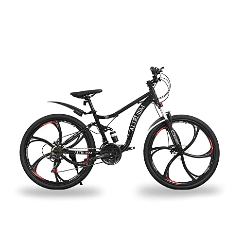 Vélo de montagnes : ALTRUISM Vélo de montagne - Vélo avant et arrière - Freins à double disque Shimano 21 vitesses - Cadre en acier au carbone - Double suspension à 6 rayons - Roue de coupe - VTT (noir)
