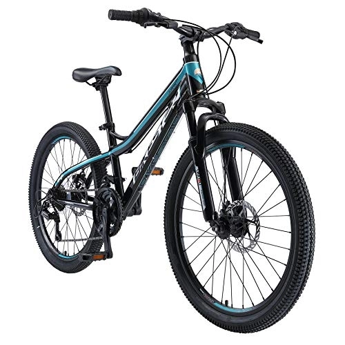 Vélo de montagnes : BIKESTAR VTT Vélo Tout Terrain pour Enfants de 10-13 Ans | Bicyclette 24 Pouces 21 Vitesses Shimano, Hardtail, Freins Disc, Suspension | Noir & Bleu