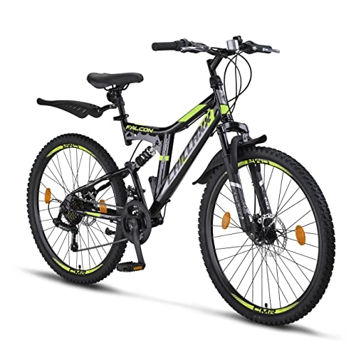 Vélo de montagnes : Chillaxx Bike Falcon Premium VTT en 24 et 26 pouces – Vélo pour garçons, filles, femmes et hommes – Frein à disque – 21 vitesses – Suspension complète (26 pouces, frein à disque noir)