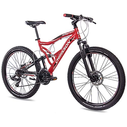 Vélo de montagnes : CHRISSON 66 cm Pouce en Alliage Vélo de Montagne Vélo Emoter Entièrement Unisexe avec 21S Shimano TX55 Disque de 2 x Rouge Mat