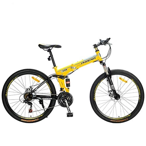 Vélo de montagnes : Dsrgwe VTT, VTT, Vélos de Montagne Pliant, Cadre en Acier au Carbone, Suspension Double et Double Disque de Frein, Roue 26inch, 21 Vitesse (Color : Yellow)