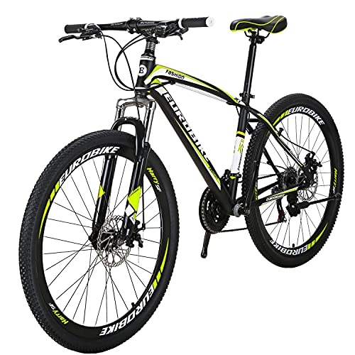 Vélo de montagnes : Eurobike OBK - Roues de 27, 5 pouces - Vélo de montagne à 21 vitesses - Fourche à suspension Daul - Freins à disque pour adultes (roues en aluminium jaune)