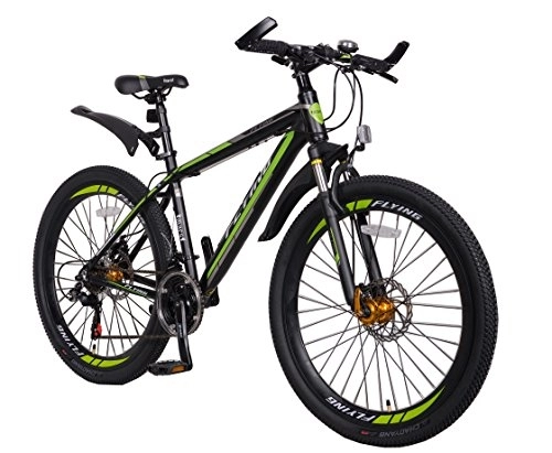 Vélo de montagnes : FLYing Vélo de Montagne 21 Vitesses Shimano - Léger - Cadre en Alliage d'aluminium - Frein à Disque, Homme, Vert / Noir