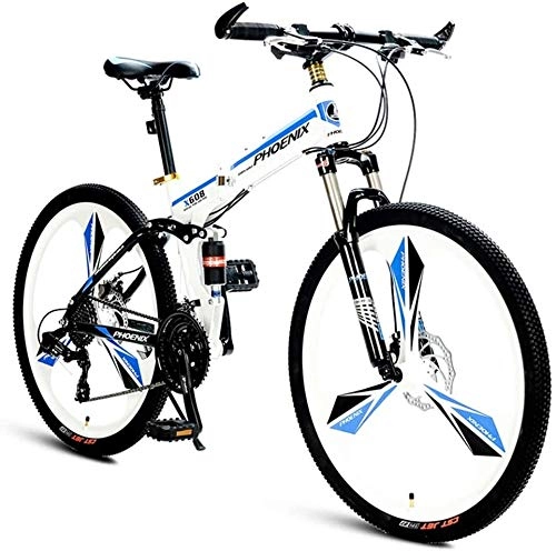 Vélo de montagnes : Folding Mountain Bikes, 21 vitesses double suspension de vélo Alpine, double frein à disque haute teneur en carbone cadre en acier Bikes Anti-Slip, Femmes d'enfants Hommes de vélos, (Color : White)