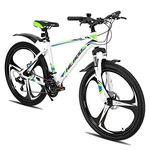 Vélo de montagnes : Hiland VTT 26" avec cadre en aluminium de 17" et frein à disque à ressort, 3 roues à rayons, adolescents, vélo, homme et femme, blanc