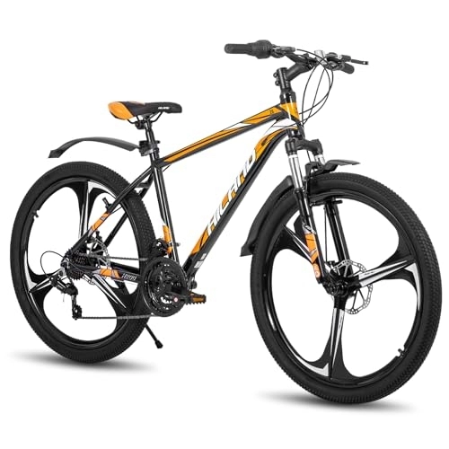 Vélo de montagnes : Hiland VTT 26" avec cadre en aluminium, frein à disque, fourche à suspension, 3 roues à rayons, pour adolescents, hommes, femmes, noir / orange