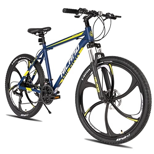 Vélo de montagnes : HILAND VTT 26" avec cadre en aluminium Shimano 21 vitesses, frein à disque, fourche à suspension, vélo pour adolescents, filles, garçons, bleu, 6 hommes, VTT à rayons
