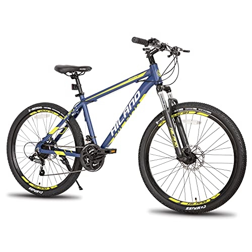Vélo de montagnes : Hiland VTT 26" avec roues à rayons 432 mm Cadre en aluminium 21 vitesses Frein à disque Fourche à suspension Bleu