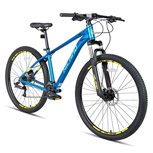 Vélo de montagnes : Hiland VTT 29 Pouces Hardtail Mountain Bike 431 mm Cadre en Aluminium MTB avec Frein à Disque Hydraulique et 16 Vitesses Vélo avec Fourche à Suspension Verrouillable Bleu…