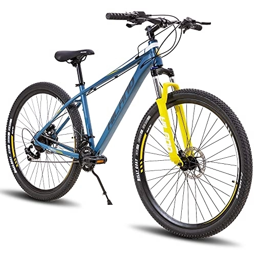 Vélo de montagnes : HILAND VTT Vélo de Montagne 29 Pouces en Aluminium avec Dérailleur Shimano 16 Vitesses, Vélo avec Fourche de Suspension et Frein à Disque Hydraulique 431 mm, Bleu