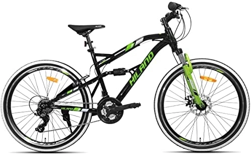 Vélo de montagnes : HILAND Vélo de montagne à suspension complète de 26 pouces avec frein à disque pour hommes femmes garçons filles 21 vitesses Shimano entraînement noir