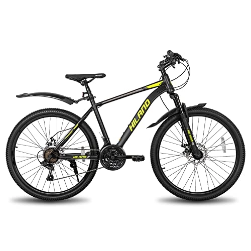 Vélo de montagnes : Hiland Vélo VTT 26 / 27, 5" avec cadre en acier, frein à disque, fourche à suspension, vélo urbain Commuter City Noir / jaune
