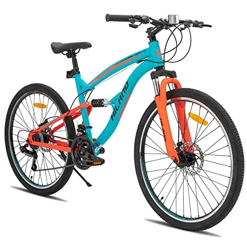Vélo de montagnes : Hiland Vélo VTT 26" à double suspension 21 vitesses pour homme 18" Fully Multifonctionnel Orange / Bleu