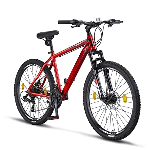 Vélo de montagnes : Licorne Bike Diamond Premium VTT Aluminium Vélo Garçon Fille Homme Femme - Dérailleur 21 Vitesses - Frein à disque Homme - Fourche avant réglable (26, Rouge)
