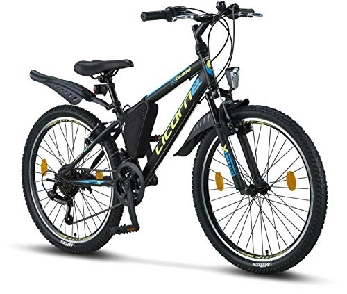Vélo de montagnes : Licorne Bike Guide Vélo VTT haut de gamme pour filles, garçons, hommes et femmes Vélo avec dérailleur Shimano 21 vitesses, Garçon Fille, Noir / bleu / citron vert, 24