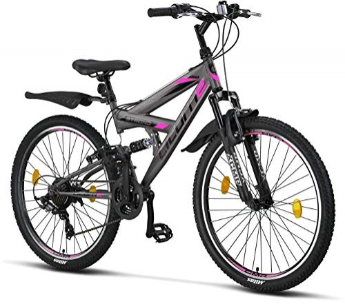 Vélo de montagnes : Licorne Bike Vélo VTT 26" Premium - Vélo pour garçons, filles, femmes et hommes - Dérailleur Shimano 21 vitesses - Suspension complète - Vélo robuste, Anthracite / rose., 26 pouces