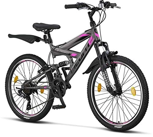 Vélo de montagnes : Licorne Bike Vélo VTT 26" Premium - Vélo pour garçons, filles, femmes et hommes - Dérailleur Shimano 21 vitesses - Suspension complète - Vélo robuste, Garçon, Anthracite / rose., 24 pouces