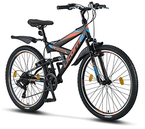 Vélo de montagnes : Licorne Bike Vélo VTT 26" Premium - Vélo pour garçons, filles, femmes et hommes - Dérailleur Shimano 21 vitesses - Suspension complète - Vélo robuste, Homme, Noir / Bleu / Orange, 26 pouces