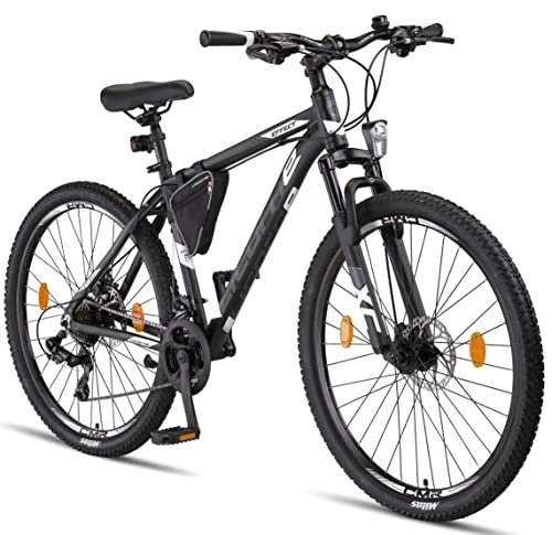 Vélo de montagnes : Licorne Bike Vélo VTT haut de gamme, pour filles, garçons, hommes et femmes, avec dérailleur Shimano à 21 vitesses, Garçon, Noir / blanc (2 freins à disque)., 27.5 inches