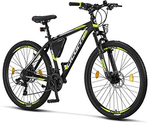 Vélo de montagnes : Licorne Bike Vélo VTT haut de gamme, pour filles, garçons, hommes et femmes, avec dérailleur Shimano à 21 vitesses, Garçon, noir / citron vert (2 freins à disque)., 27.5 inches