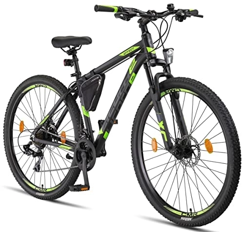 Vélo de montagnes : Licorne Bike Vélo VTT haut de gamme, pour filles, garçons, hommes et femmes, avec dérailleur Shimano à 21 vitesses, Garçon, noir / citron vert (2 freins à disque)., 29 pouces