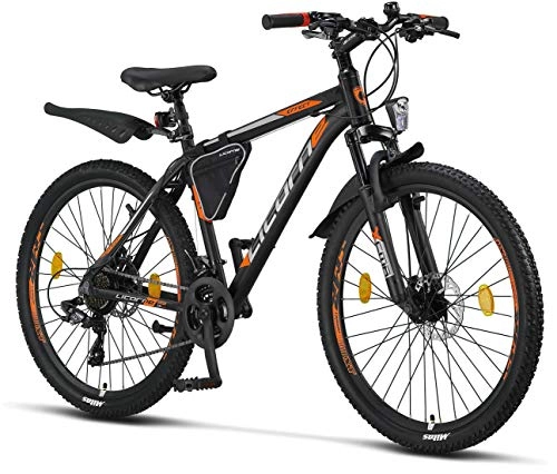 Vélo de montagnes : Licorne Bike Vélo VTT haut de gamme, pour filles, garçons, hommes et femmes, avec dérailleur Shimano à 21 vitesses, Garçon, Noir / orange (2 freins à disque)., 26 pouces