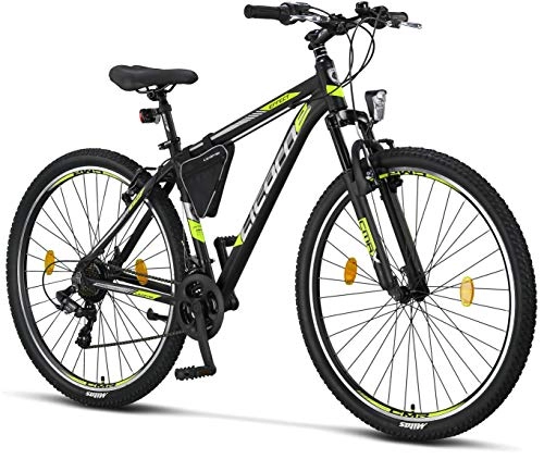 Vélo de montagnes : Licorne Bike Vélo VTT Haut de Gamme, pour Filles, garçons, Hommes et Femmes, avec dérailleur à 21 Vitesses, Garçon, Noir / Citron Vert (Freins V), 29 Pouces