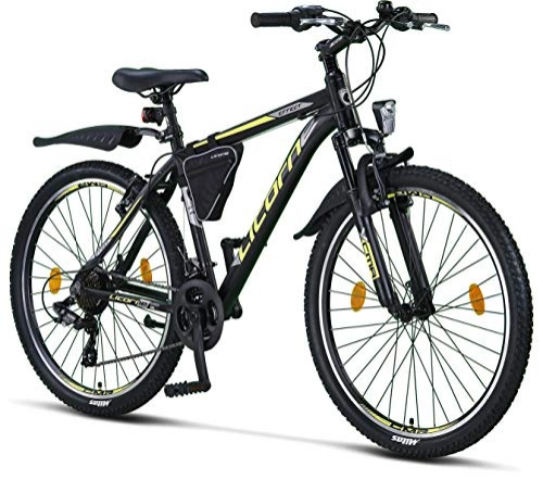 Vélo de montagnes : Licorne Bike Vélo VTT haut de gamme, pour filles, garçons, hommes et femmes, avec dérailleur à 21 vitesses, noir / citron vert, 26 pouces