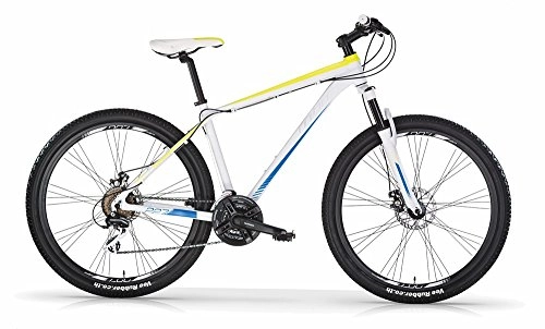 Vélo de montagnes : Vélo VTT MBM 227 en aluminium, suspension avant, 27.5", 21 vitesses, freins à disques en option (Blanc Mat / Bleu Neon avec freins à disques, 40)