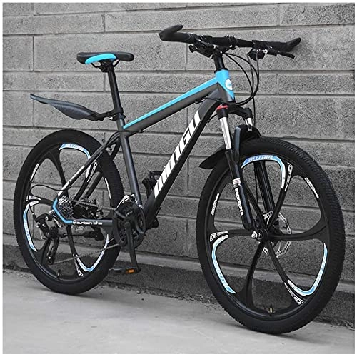 Vélo de montagnes : XinQing Vélos de Montagne 24 Pouces, vélo en Acier au Carbone pour Hommes et Femmes, 30 Vitesses avec Frein à Double Disque, Noir Bleu 6 Rayons