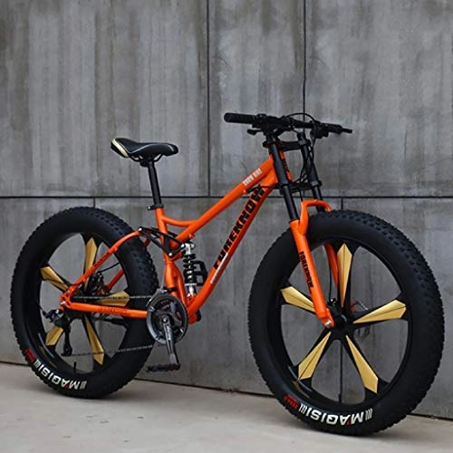 Vélos de montagne Fat Tires : JIAJULL Mens Mountain Bikes, 26 Pouces Fat Tire Hardtail VTT, Double Suspension Cadre et Fourche à Suspension, 21 Vitesses, 5 Spoke, Tout-Terrain (Couleur : Orange)