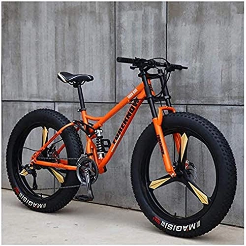 Vélos de montagne Fat Tires : MOME 21SpeedRoad Bike Fat Tire VTT 26" avec freins à disque, cadre en acier au carbone, système de suspension double, vélo de course orange à 3 rayons