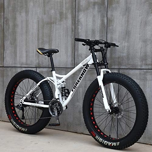 Vélos de montagne Fat Tires : VTT 26 pouces MJH-01 Fat Tire Mountain Trail Bike 24 vitesses, cadre en acier au carbone, double suspension, double frein à disque, blanc / rouge